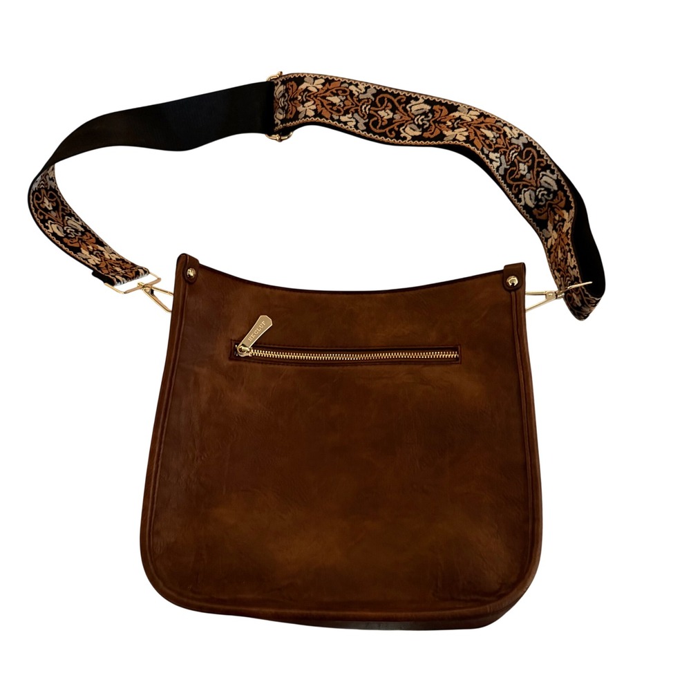 Brown Vegan Leather Messenger Bag with Embroidered Guitar Strap With Extra Strap